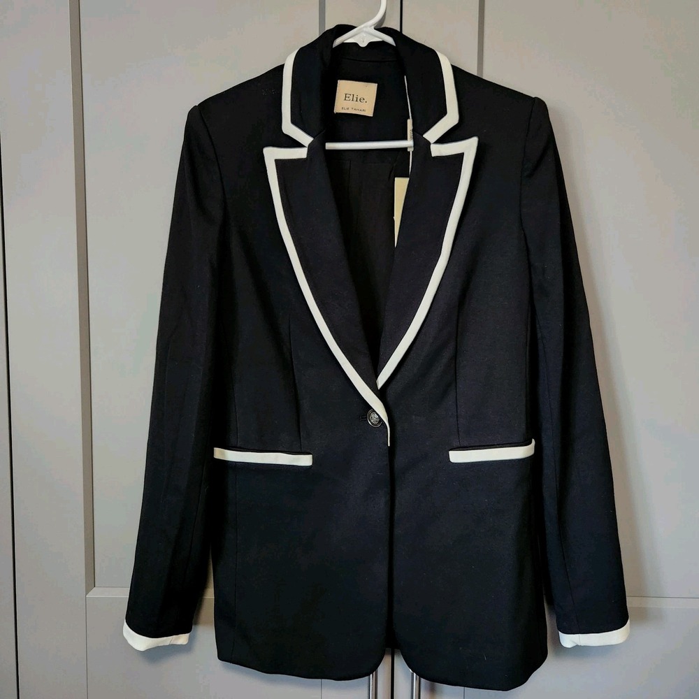 New Elie Elie Tahari Contrast Trim Single Button Blazer Black Ivory Jacket 8 128